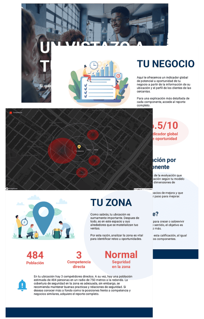 Vista previa del reporte gratuito de Metriko — mapa de zona, competencia y puntaje de oportunidad